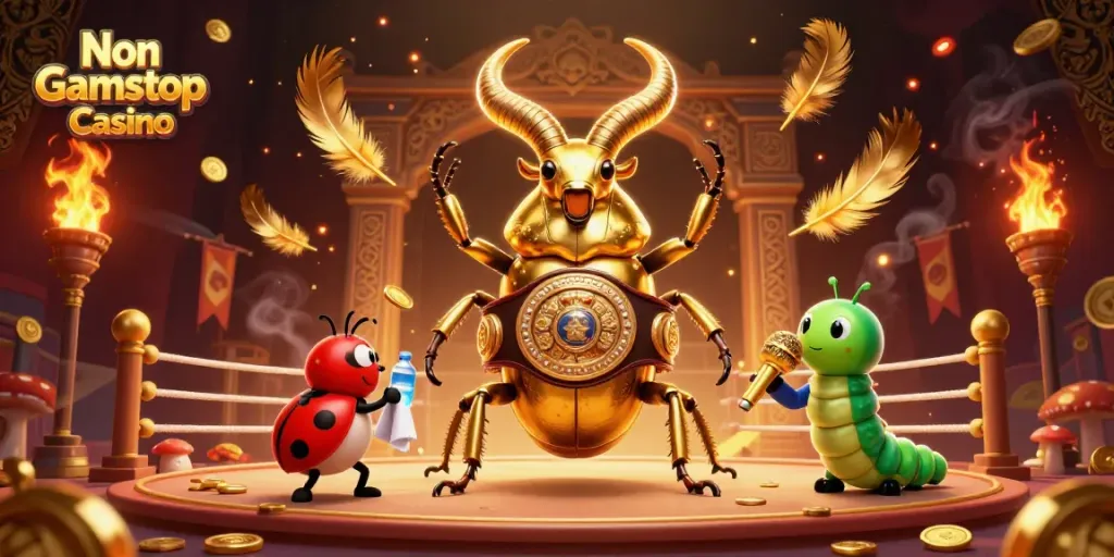 Engage with the action at Non Gamstop Casino, featuring a golden stag beetle champion in a dynamic ring setup.