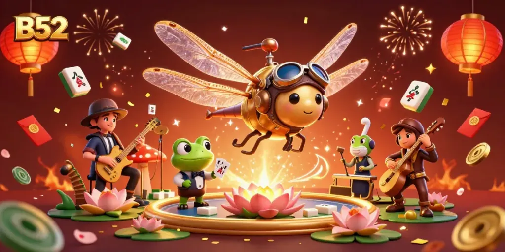 B52 casino illustration featuring a dragonfly pilot and frog dealer captivating players with vibrant game elements.