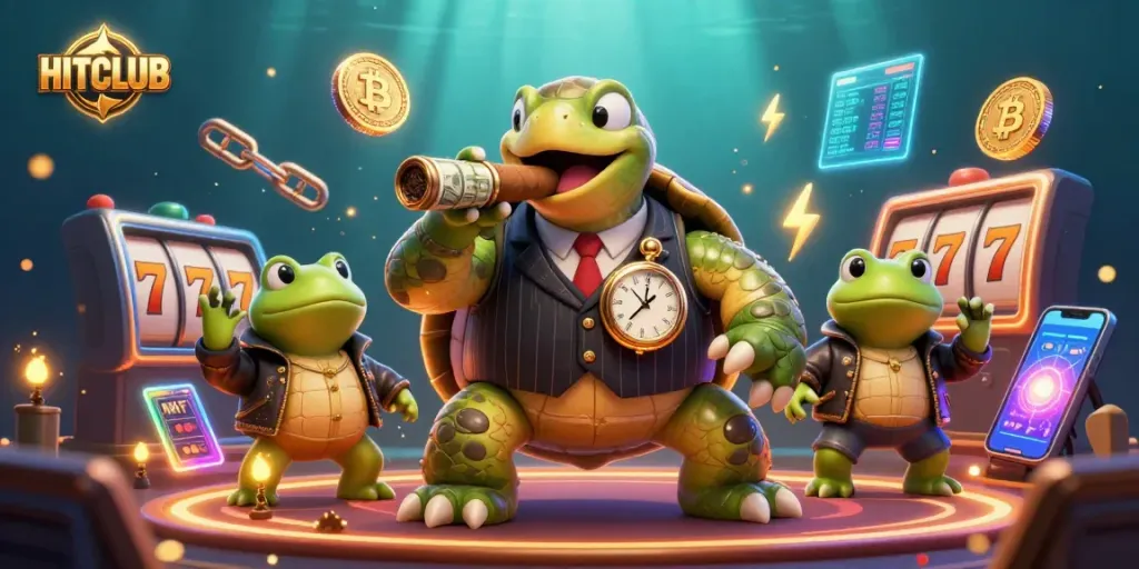 Spin to win at HITCLUB with a chaotic casino scene featuring turtles, frogs, and vibrant gaming elements.