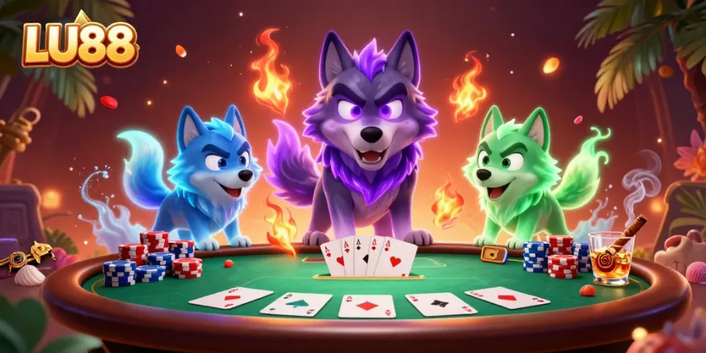 Engage in thrilling poker action with LU88, featuring vibrant wolf characters and colorful chips.
