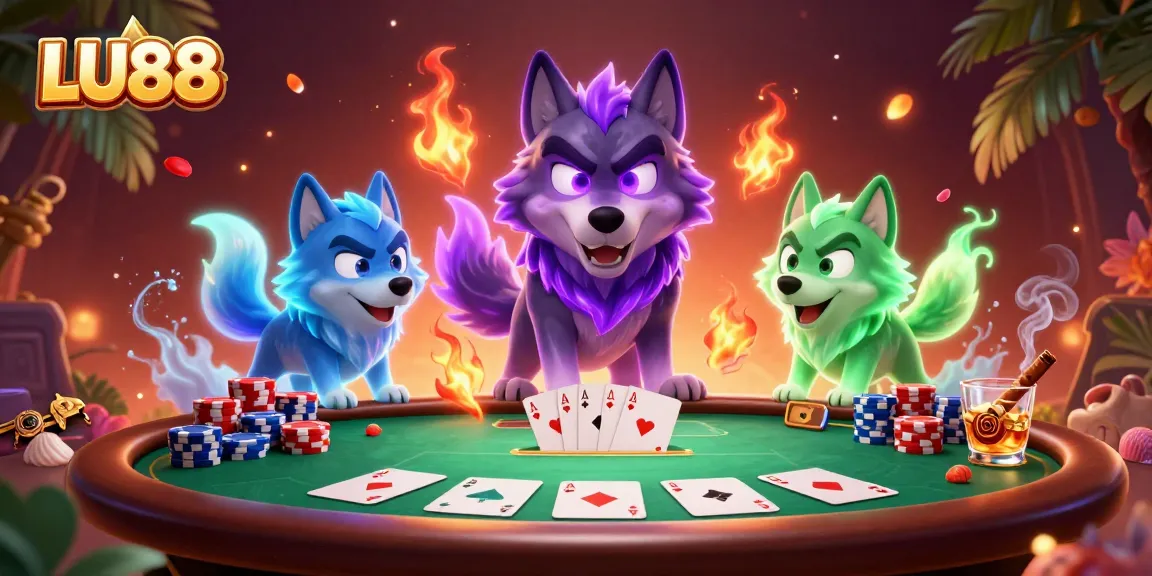 Engage in thrilling poker action with LU88, featuring vibrant wolf characters and colorful chips.