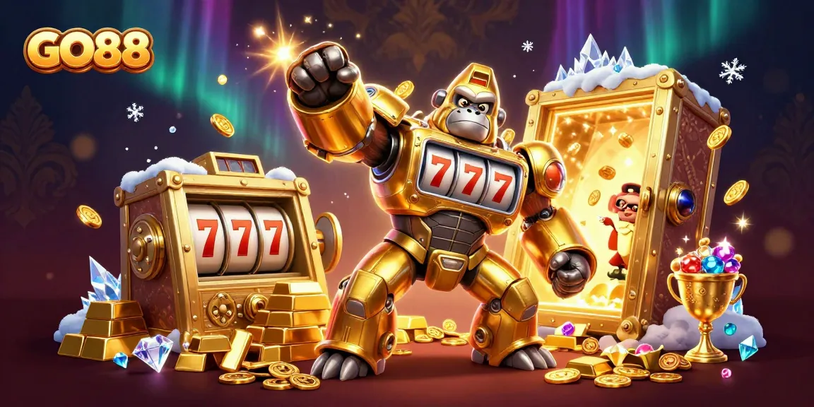 Experience GO88 with an energetic scene featuring a golden gorilla mech blasting coins from a treasure vault.