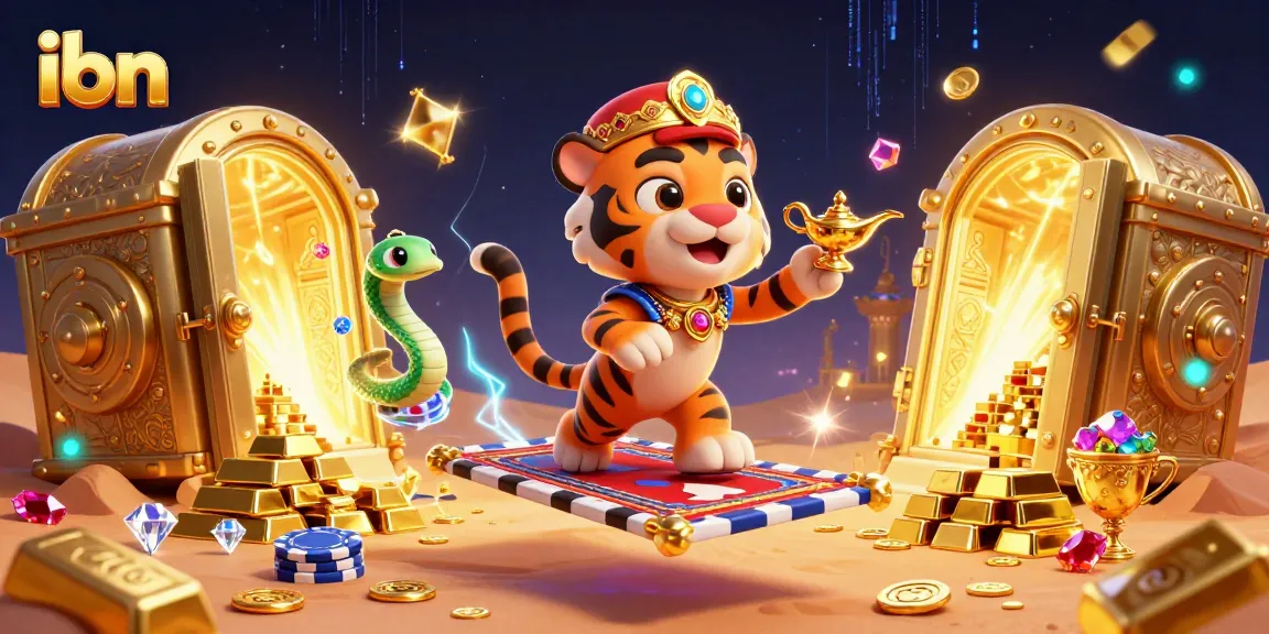 Spin the reels at ibn, featuring a whimsical tiger sultan in a gold-filled casino adventure.