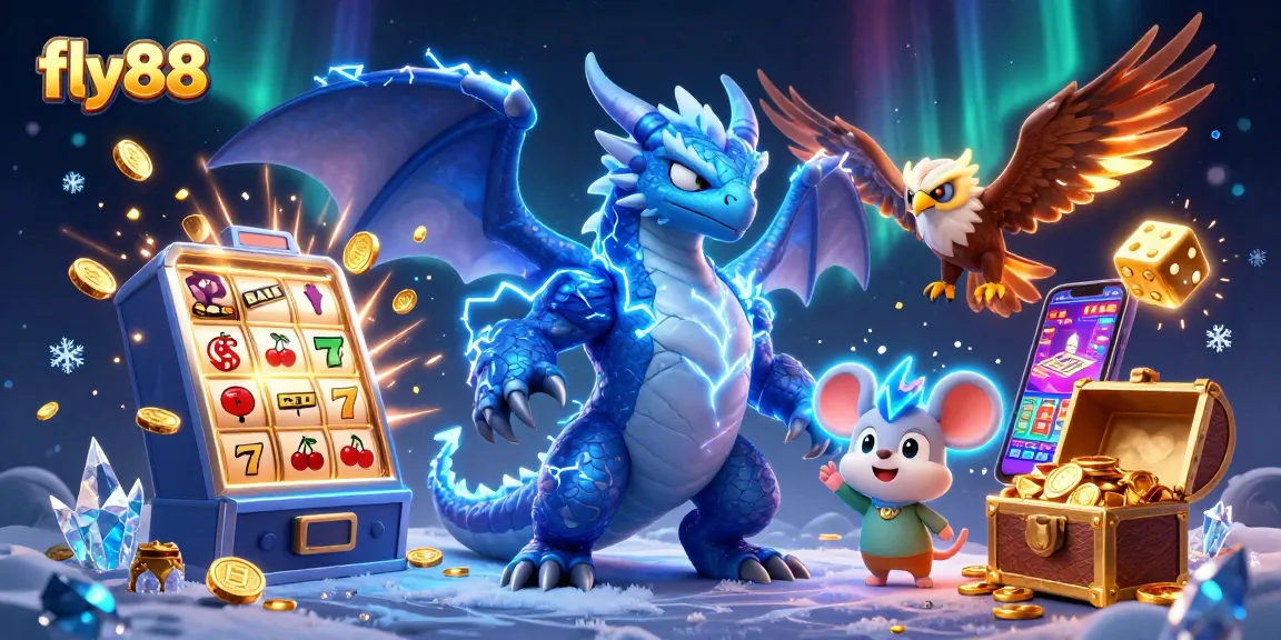Fly88's thrilling jackpot allure illustrated with dynamic characters and casino elements.