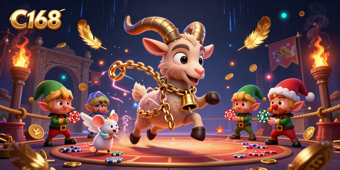 C168 welcomes players to a festive casino with a Krampus goat overseeing elf gremlins stealing chips amidst vibrant gold coins and energetic effects.