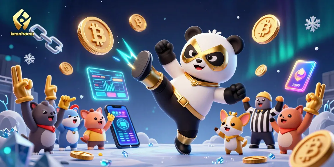 Bet on keonhacai as a panda wrestler flies through the air, energized with crypto coins and playful spectators.