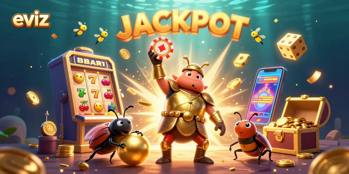 eviz showcases a 3D cartoon hercules beetle triumphantly lifting a poker chip, surrounded by vibrant casino elements and a jackpot explosion.