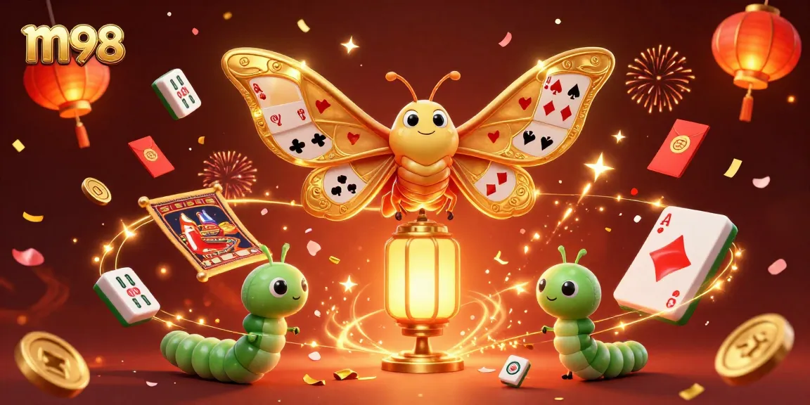 Engage in excited gaming with m98's colorful casino scene featuring magic moths and joyful decorations.