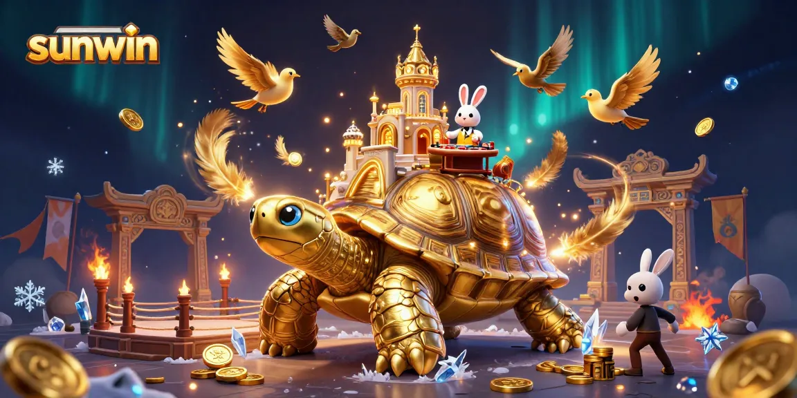 Experience the thrill with sunwin's vibrant casino atmosphere featuring a golden tortoise, rabbit dealer, and flying coins.