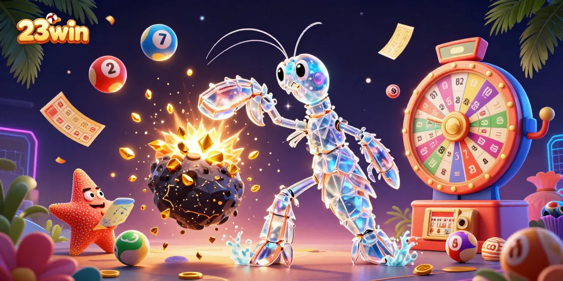 Engage with 23win's dynamic gaming world featuring cartoon shrimp and galactic elements.