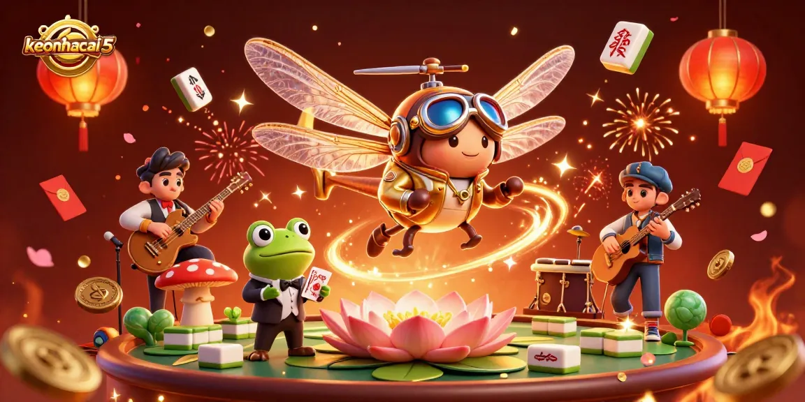 Engage with keonhacai 5 as a vibrant dragonfly pilot navigates a lily pad casino, showcasing excitement in online gaming.