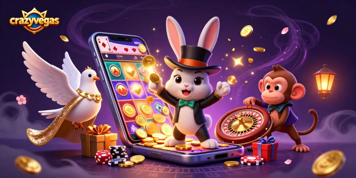 Play exciting slot games at crazyvegas with a magical scene featuring a rabbit, dove, and monkey.