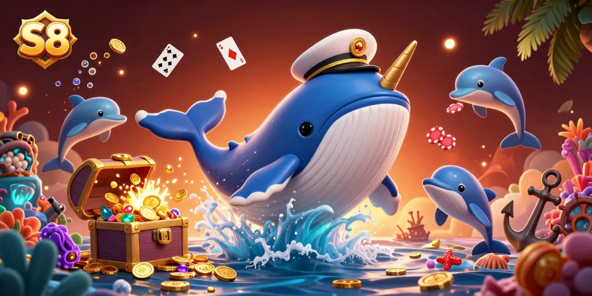 Experience the thrilling games at S8 with a vibrant underwater scene featuring a giant whale and playful dolphins.